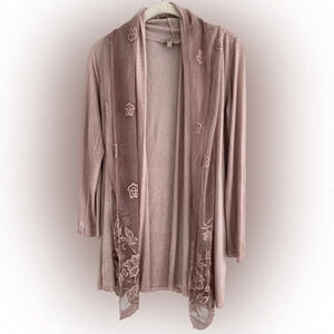 MADE IN ITALY Dusty Mauve Washed/Faded Cardigan with Lace Floral Overlay Size  L